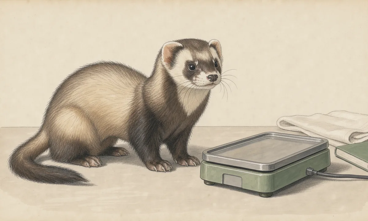 Illustrated ferret beside a low weighing platform on a cream work surface