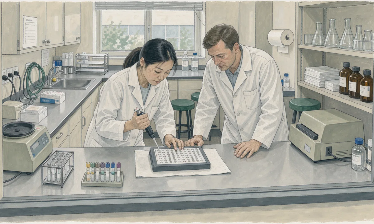Two illustrated laboratory workers examining an assay plate at a bench