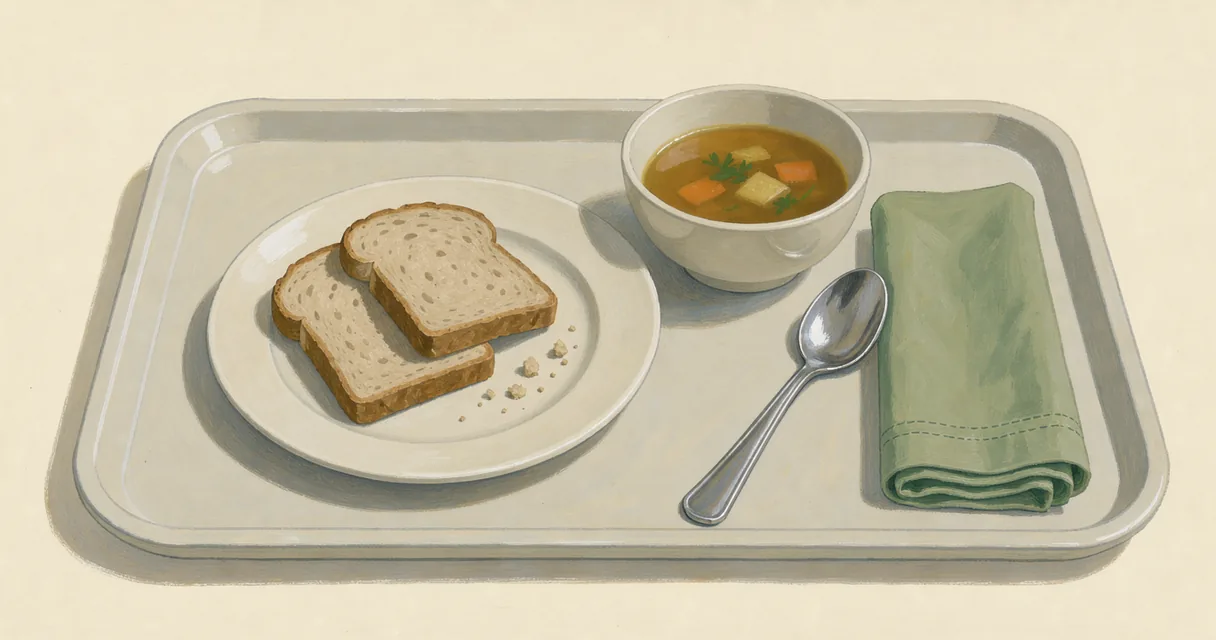Illustrated meal tray with a ceramic plate, bread, spoon, and folded green napkin