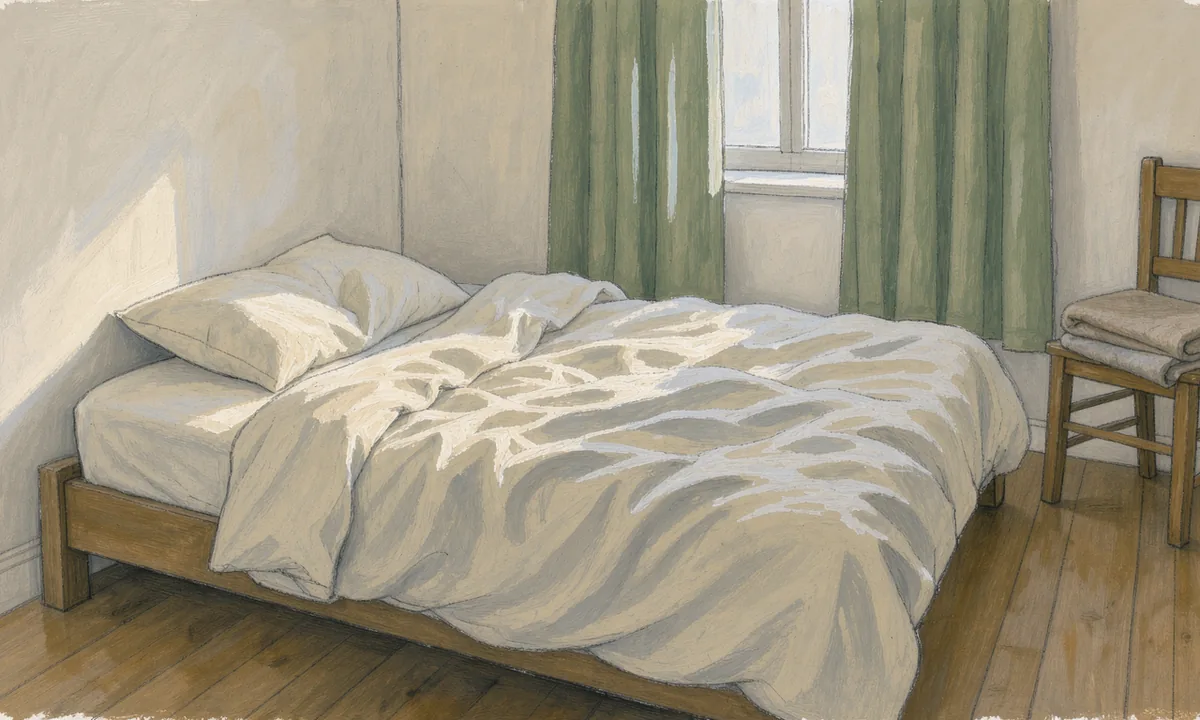Unmade bed with cream bedding beside a softly lit green curtain